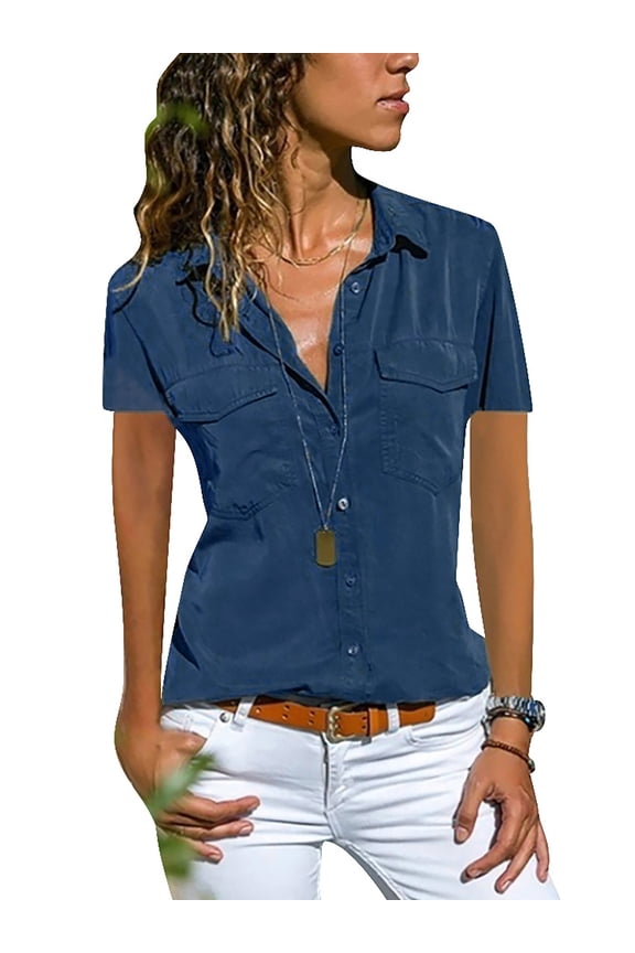 Womens Casual Workwear Shirt Short Sleeve Buttons Blouse Tops