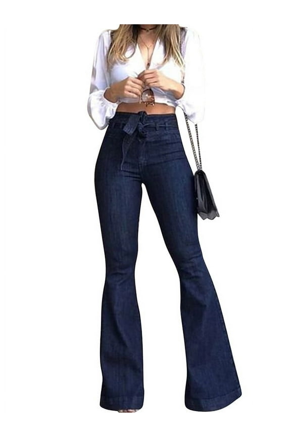 Womens High Waist Belted Jeans Flared Bootcut Denim Pants