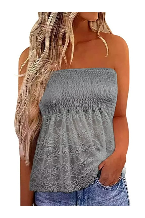 Womens Off Shoulder Lace Tube Tops Summer Beach Strapless Bandeau Blouse