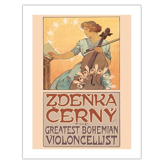 Zdeňka Černý - The Greatest Bohemian Violoncellist - Vintage Concert Poster by Alphonse Mucha c.1913 - Bamboo Fine Art 290gsm Paper (Unframed) 17x22in