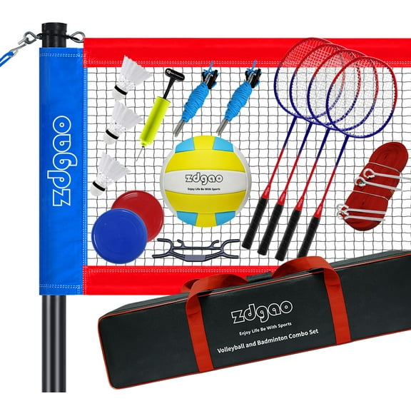 Zdgao Volleyball and Badminton Net Set with Rackets, Ball, and Flying Discs
