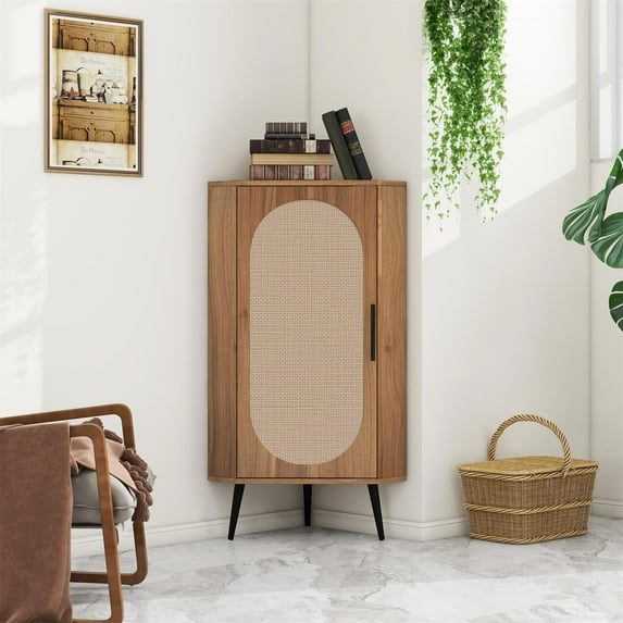 ZeHuoGe Corner Storage Cabinet w/Rattan Door, Display Floor Cabinet w/Storage Shelves for Living Room, Kitchen