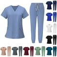thumbnail image 1 of ZeXiYan Stretchy Scrubs Set for Women Comfy Medical Uniform Joggers Suit Solid Color V-Neck Top & Pants with Multi Pocket Scrubs In Regular and Petite Light Blue L, 1 of 6
