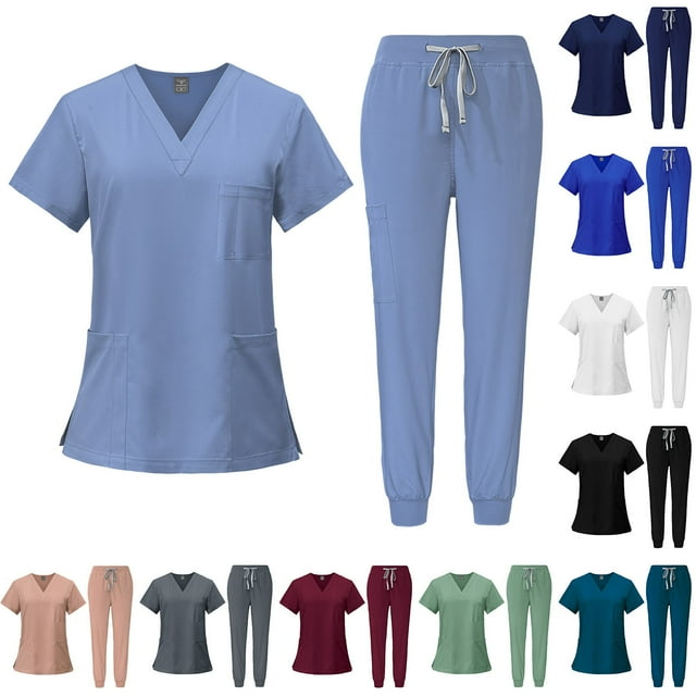 ZeXiYan Stretchy Scrubs Set for Women Comfy Medical Uniform Joggers Suit Solid Color V-Neck Top & Pants with Multi Pocket Scrubs In Regular and Petite Light Blue L