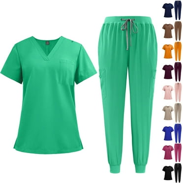 ZeXiYan Stretchy Women Scrubs Set Comfy Nurse Esthetician Uniforms Joggers Suit Solid Color V-Neck Top & Pants with Multi Pocket Scrubs with Regular and Petite Sizes Brown L