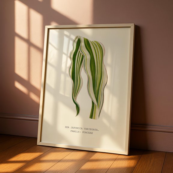 Zea Japonica Variegata Leaf Art Print, Variegated Japanese Corn Leaf Vintage Botanical Wall Art, Antique Plant, Tropical Print , Poster Print Only