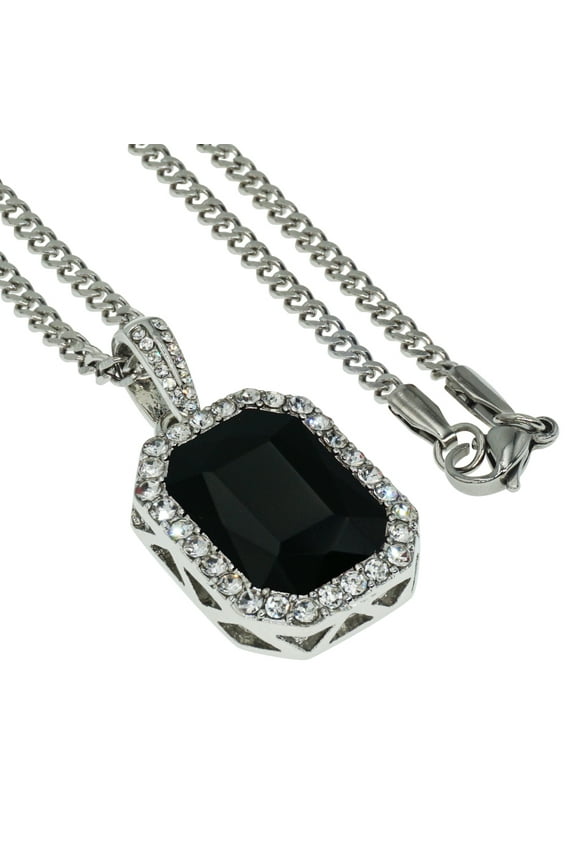 Silver Plated Black Crystal with Zirconia Hip Hop Rectangular Pendant Necklace Stainless Steel Cuban Chain for Men Women