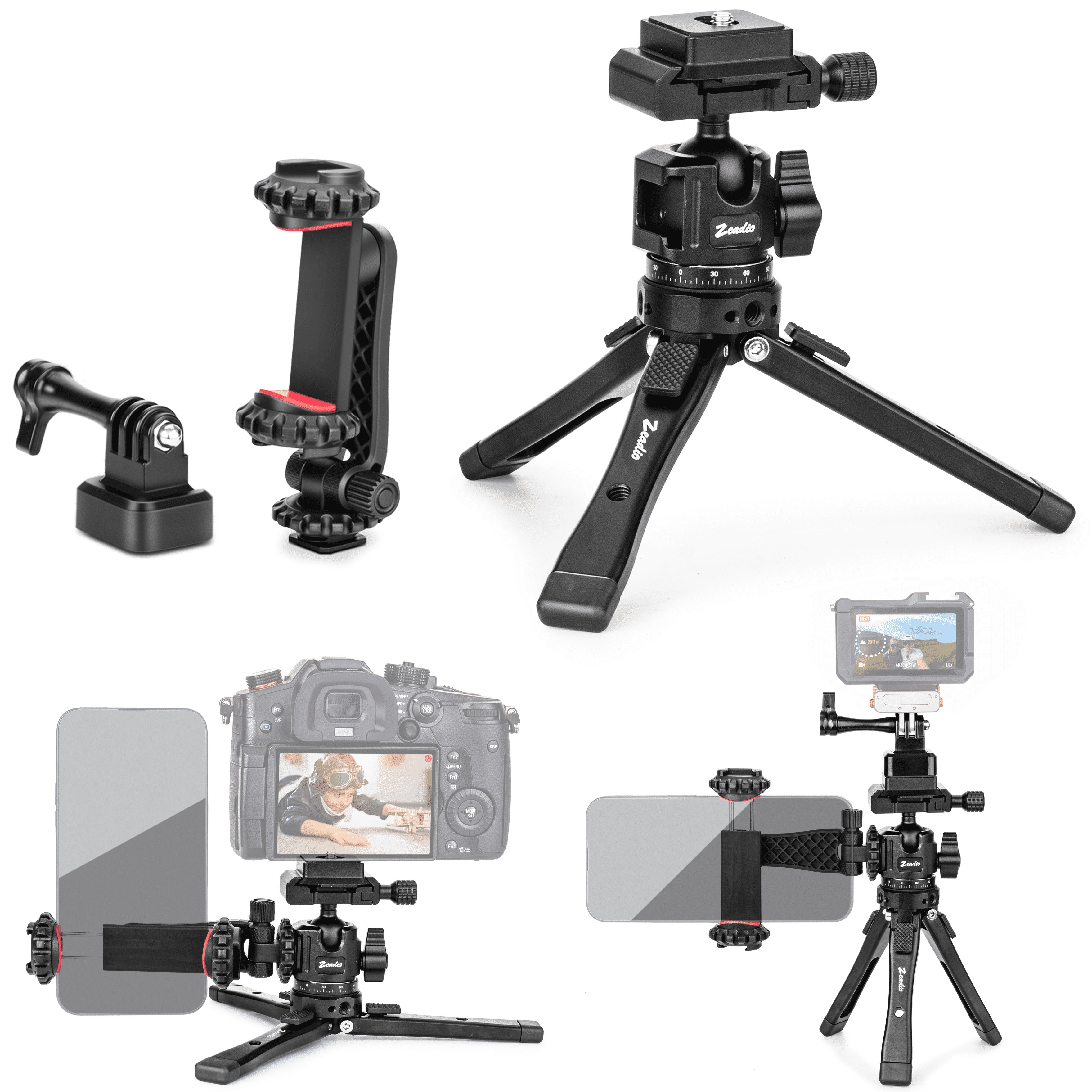 Zeadio Heavy Duty Metal Tripod Kit with Arca Ball Head - Universal Phone Vlogging Kit, Cell Phone Stand & Travel Tripod for iPhone/Android, Camera, Gimbal, Action Cam Etc