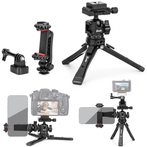 Zeadio Heavy Duty Metal Tripod Kit with Arca Ball Head - Universal Phone Vlogging Kit, Cell Phone Stand & Travel Tripod for iPhone/Android, Camera, Gimbal, Action Cam etc