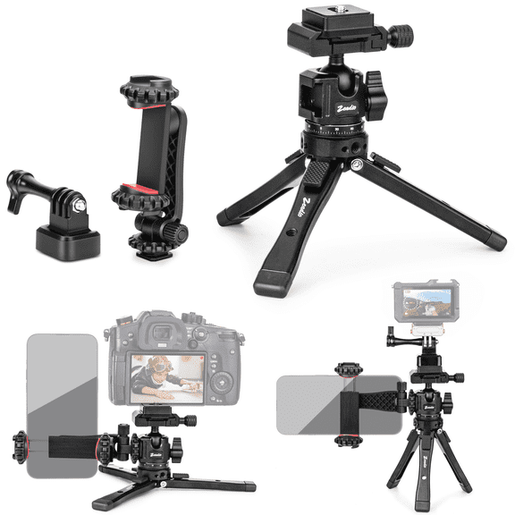 Zeadio Heavy Duty Metal Tripod Kit with Arca Ball Head - Universal Phone Vlogging Kit, Cell Phone Stand & Travel Tripod for iPhone/Android, Camera, Gimbal, Action Cam Etc