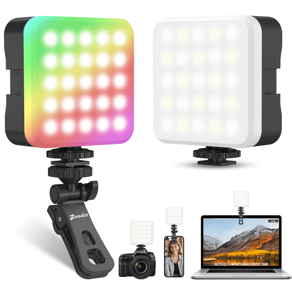 Zeadio RGB Video Lights, Portable Selfie Light with Clip, 102PCS Beads LED Light with 3 cold shoe mount CRI 95+/20 Scene Modes/3000K-7000K, Pack of 1