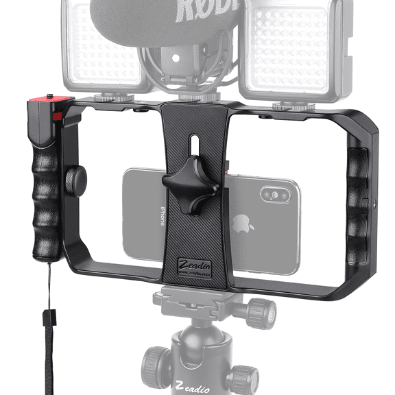 Zeadio Smartphone Video Cage Rig, Filmmaking Vlogging Case, Phone Stabilizer Tripod Mount with Wireless Remote Shutter Fits for All iPhone and Android Smartphones