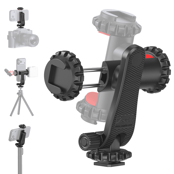 Zeadio Universal Phone Tripod Mount, 360 Rotation Cell Phone Holder Clamp with Dual Rotatable Cold Shoe & 1/4" Thread, Compatible with Smartphone, Camera Hot Shoe, Tripod, Selfie Stick