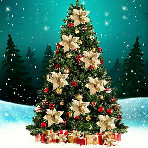 Zeadlous Artificial Flowers 8.7” Artificial PE Gold Poinsettia Christmas Bouquet,15 Count