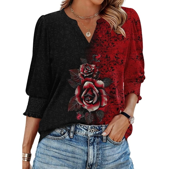 Zeagoo 3/4 Length Sleeve Floral Shirts for Women Boho Tops V Neck Blouses Fashion Casual Tunic Loose Fit Tee Tops