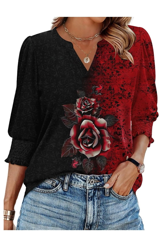 3/4 Length Sleeve Floral Shirts for Women Boho Tops V Neck Blouses Fashion Casual Tunic Loose Fit Tee Tops