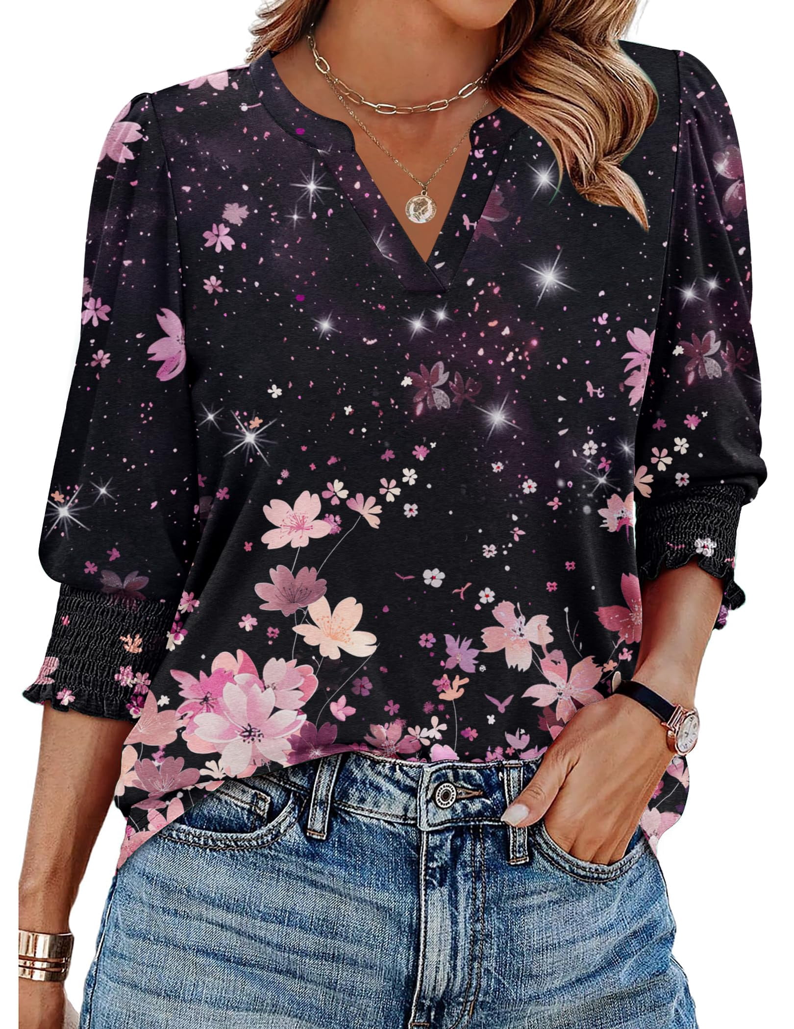 Zeagoo 3/4 Length Sleeve Floral Shirts for Women Boho Tops V Neck ...