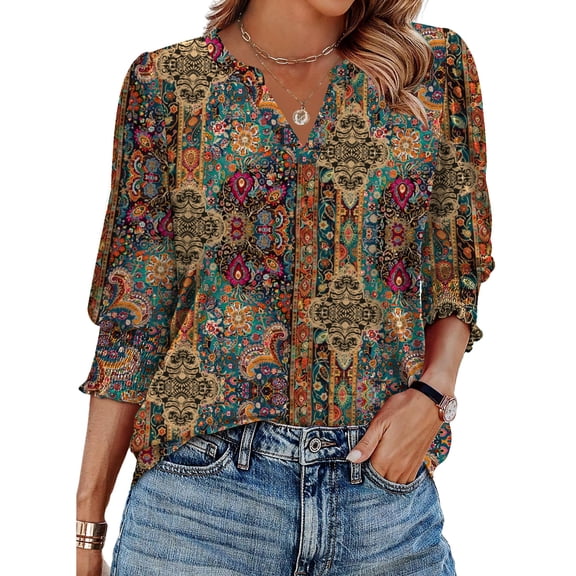 Zeagoo 3/4 Length Sleeve Floral Shirts for Women Boho Tops V Neck Blouses Fashion Casual Tunic Loose Fit Tee Tops