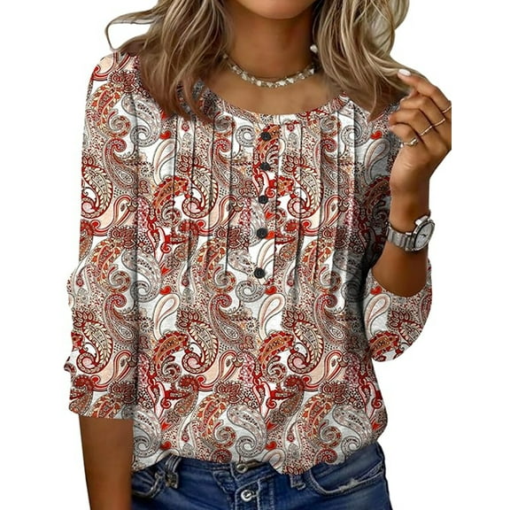 Zeagoo 3/4 Length Sleeve Tops Women Round Neck Button Design Tunic Blouse Printed Casual Basic Tees Daily Wear