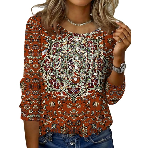 Zeagoo 3/4 Length Sleeve Tops Women Round Neck Button Design Tunic Blouse Printed Casual Basic Tees Daily Wear