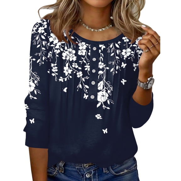 Zeagoo 3/4 Length Sleeve Tops Women Round Neck Button Design Tunic Blouse Printed Casual Basic Tees Daily Wear