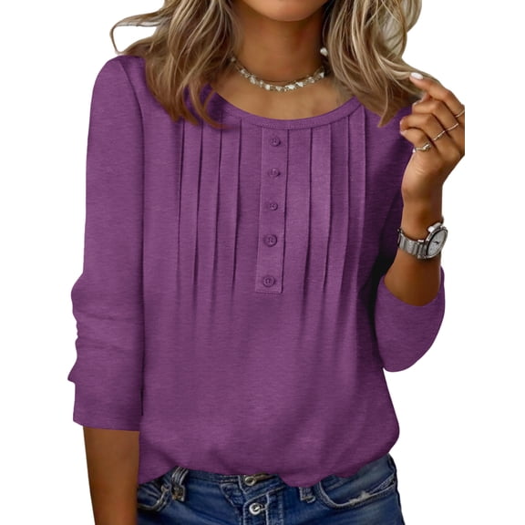 Zeagoo 3/4 Length Sleeve Tops Women Round Neck Button Design Tunic Blouse Printed Casual Basic Tees Daily Wear