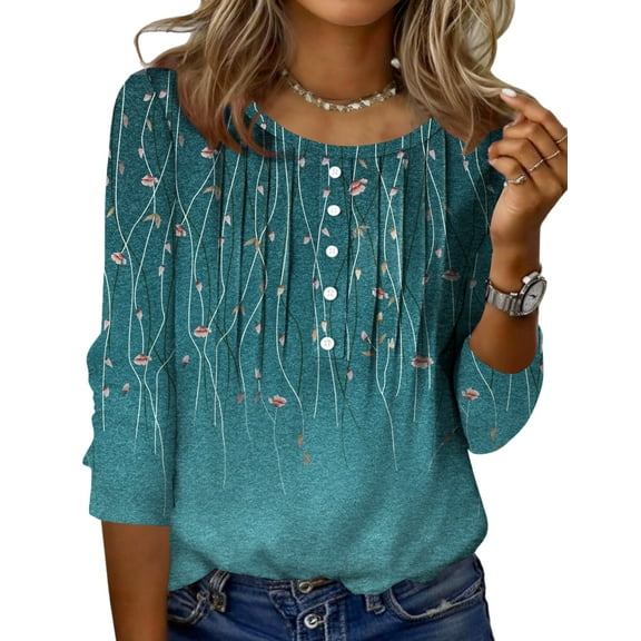 Zeagoo 3/4 Length Sleeve Tops Women Round Neck Button Design Tunic Blouse Printed Casual Basic Tees Daily Wear
