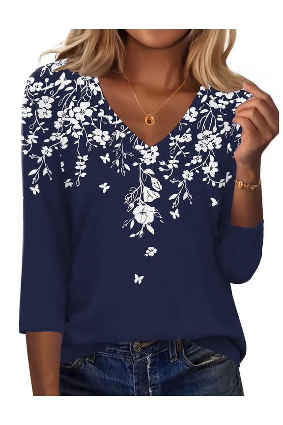 3/4 Length Sleeve Womens Work Blouses V Neck Casual Fashion Tops