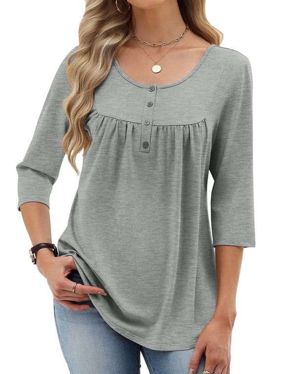 3/4 Sleeve Tunic Top for Women Scoop Neck Pleated Flowy Henley Shirts Casual Babydoll Blouse Tops