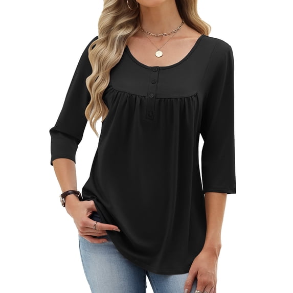 Zeagoo 3/4 Sleeve Tunic Top for Women Scoop Neck Pleated Flowy Henley Shirts Casual Babydoll Blouse Tops