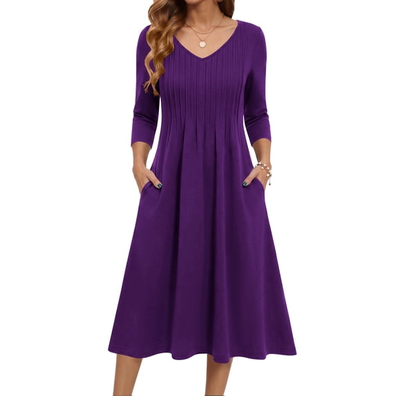 Zeagoo 3/4 Sleeve Women's Dress Pleated Midi Dresses Floral T Shirt Dress with Pockets Casual Flowy A-Line Dresses