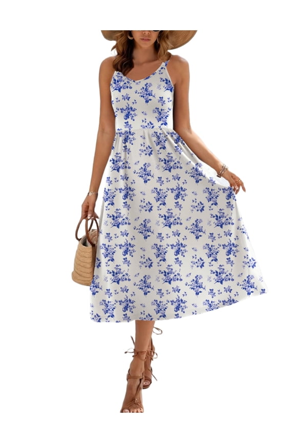 Beach Vacation Dresses for Women A Line Floral V Neck Sleeveless High Waist Summer Cruise Dress with Pockets