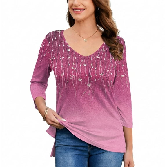 Zeagoo Women's Blouse 3/4 Length Sleeve V Neck Dressy Floral Tunic Top Soft Lightweight Summer Tees Business Casual Work Tops