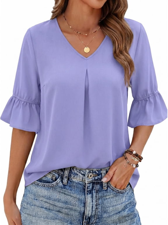 Blouses for Women Dressy Casual 3/4 Ruffle Sleeve V Neck Front Pleated Tops Flowy Work Clothes