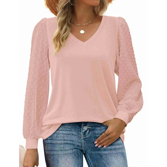 Zeagoo Blouses for Women Dressy Casual v Neck Top Swiss Dot Balloon Long Sleeve Top