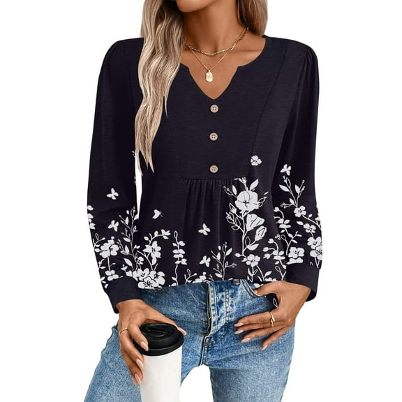 Zeagoo Blouses for Women V Neck Button Casual Dressy Shirts Long Sleeve T-Shirts Pleated Floral Tunic Tops Boho Tunic Tops