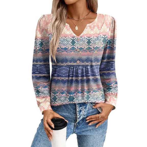 Zeagoo Blouses for Women V Neck Button Casual Dressy Shirts Long Sleeve T-Shirts Pleated Floral Tunic Tops Boho Tunic Tops