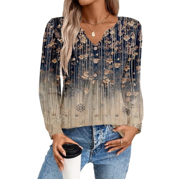 Zeagoo Blouses for Women V Neck Button Casual Dressy Shirts Long Sleeve T-Shirts Pleated Floral Tunic Tops Boho Tunic Tops