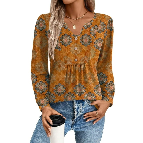 Zeagoo Blouses for Women V Neck Button Casual Dressy Shirts Long Sleeve T-Shirts Pleated Floral Tunic Tops Boho Tunic Tops