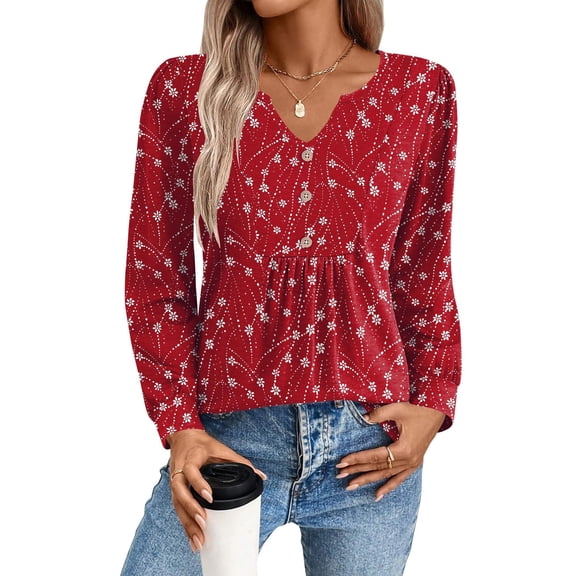 Zeagoo Blouses for Women V Neck Button Casual Dressy Shirts Long Sleeve T-Shirts Pleated Floral Tunic Tops Boho Tunic Tops