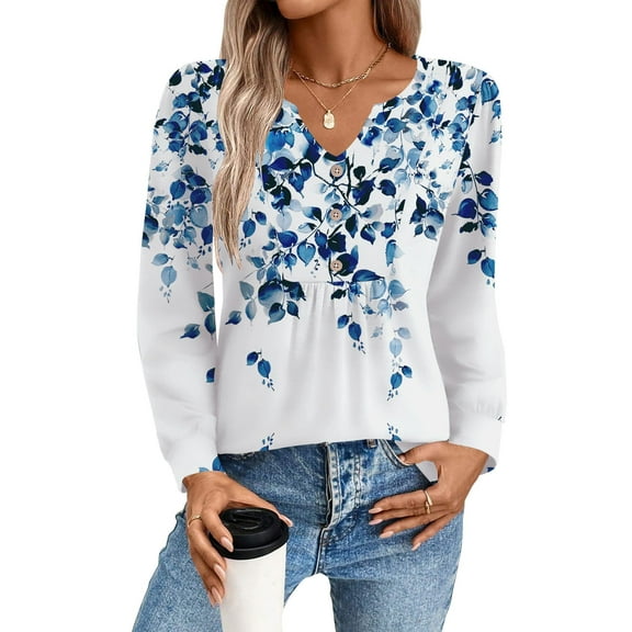 Zeagoo Blouses for Women V Neck Button Casual Dressy Shirts Long Sleeve T-Shirts Pleated Floral Tunic Tops Boho Tunic Tops