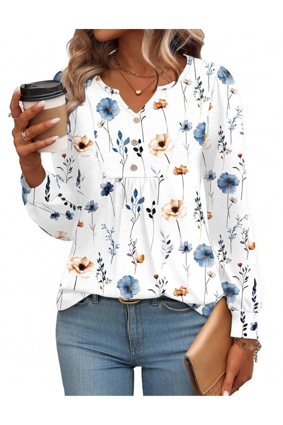 Blouses for Women V Neck Button Casual Dressy Shirts Long Sleeve T-Shirts Pleated Floral Tunic Tops Boho Tunic Tops
