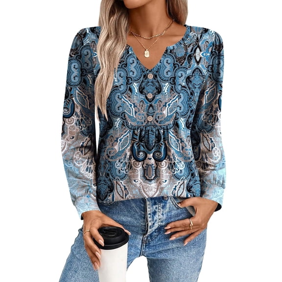 Zeagoo Blouses for Women V Neck Button Casual Dressy Shirts Long Sleeve T-Shirts Pleated Floral Tunic Tops Boho Tunic Tops
