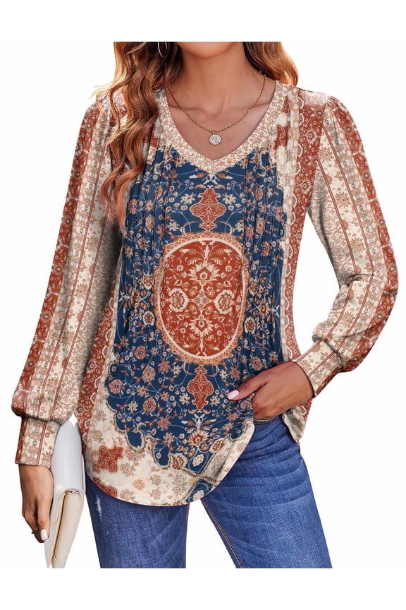 Casual Long Sleeve Shirts for Women Boho Floral Blouse V Neck Work Tunic Tops Daily Wear