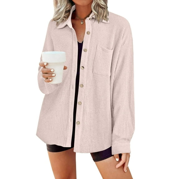 Zeagoo Button Down Shirts for Women Waffle Boyfriend Work Shacket Loose Long Sleeve Collared Fall Tops