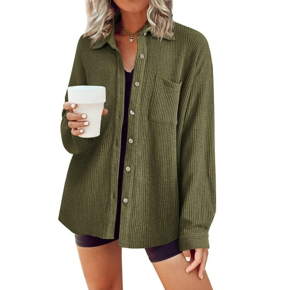Zeagoo Button Down Shirts for Women Waffle Boyfriend Work Shacket Loose Long Sleeve Collared Fall Tops