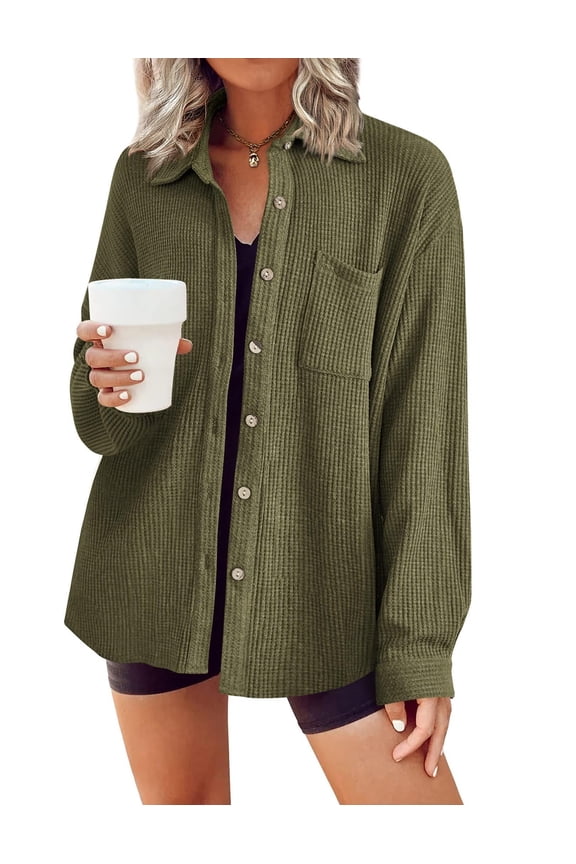 Button Down Shirts for Women Waffle Boyfriend Work Shacket Loose Long Sleeve Collared Fall Tops
