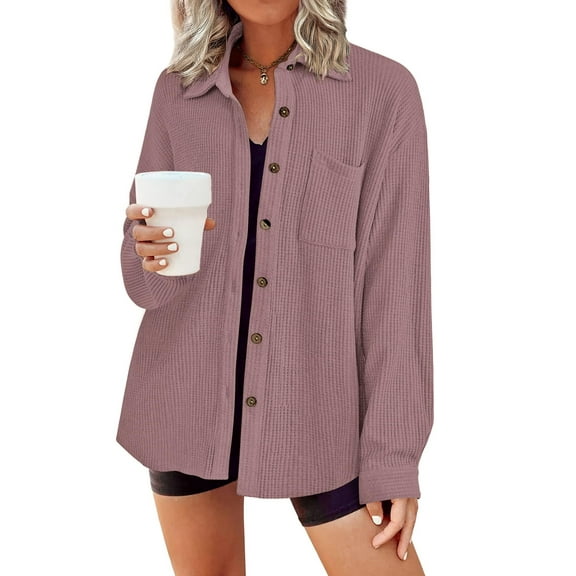 Zeagoo Button Down Shirts for Women Waffle Boyfriend Work Shacket Loose Long Sleeve Collared Fall Tops