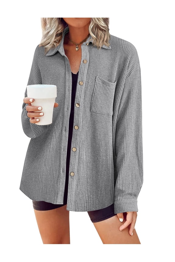 Button Down Shirts for Women Waffle Boyfriend Work Shacket Loose Long Sleeve Collared Fall Tops