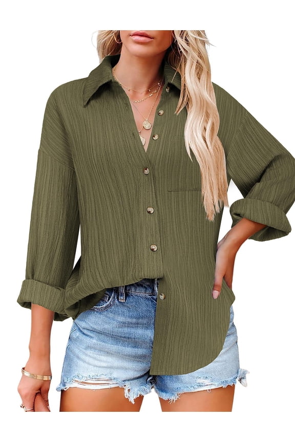Button Down Tops for Women Business Casual Tops Blouses with Pockets Textured Collared Work Shirt